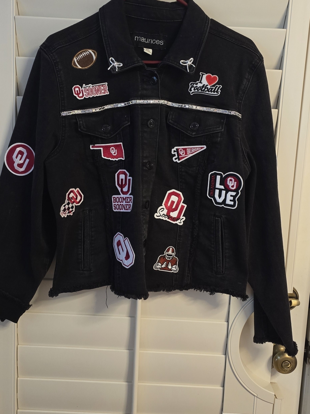 Black Denim Jacket with Red & White OU Patches